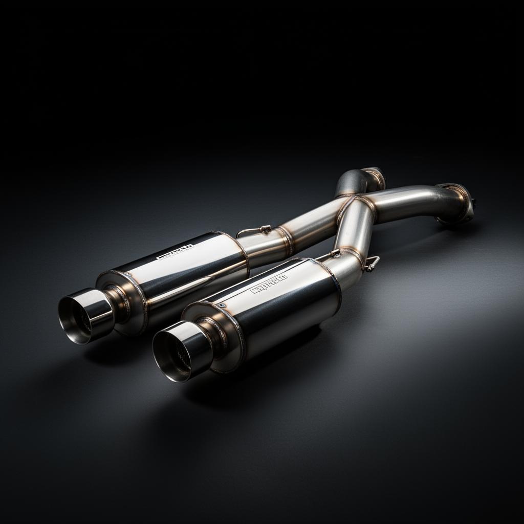 Polished stainless steel Capristo aftermarket exhaust system for the Ferrari F355 — twin tailpipes and X-pipe centre section